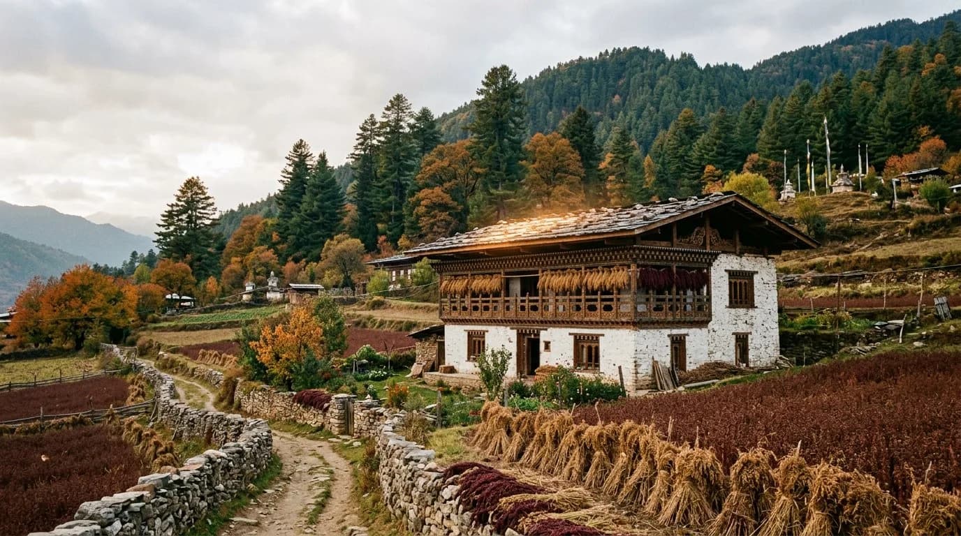 A two storey Bumthang farmhouse with buckwheat hanging under the balcony and dark red harvest fields in front