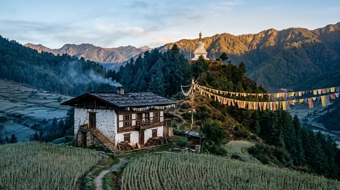 A whitewashed stone farmhouse in the Haa valley at first light with a chorten and prayer flags on the ridge behind