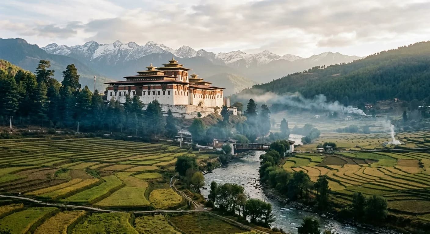 First light catching the terraced fields and rooftops of the Paro valley below forested ridges