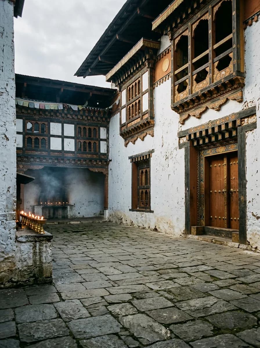 Butter lamps burning along the wall of a whitewashed dzong courtyard in the late afternoon