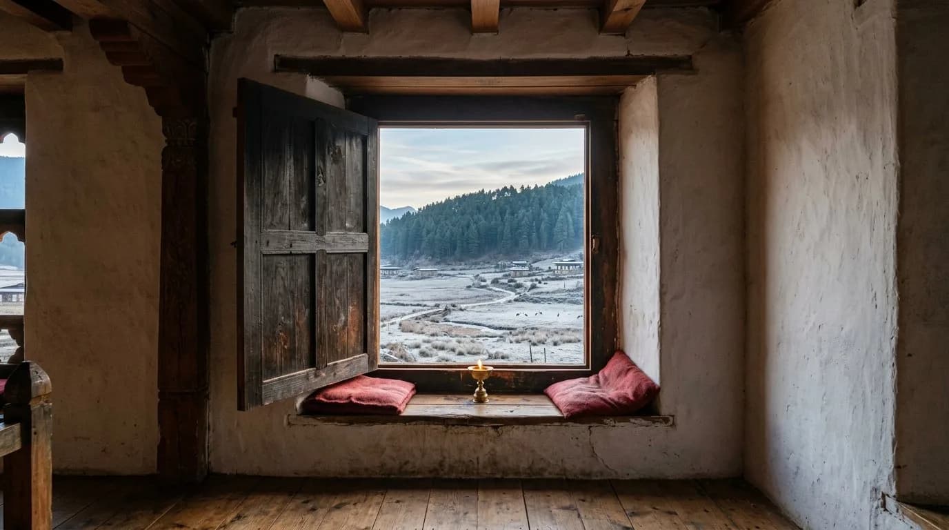 A deep window seat in a Phobjikha farmhouse with a butter lamp, looking out over frosty marsh and a pine ridge