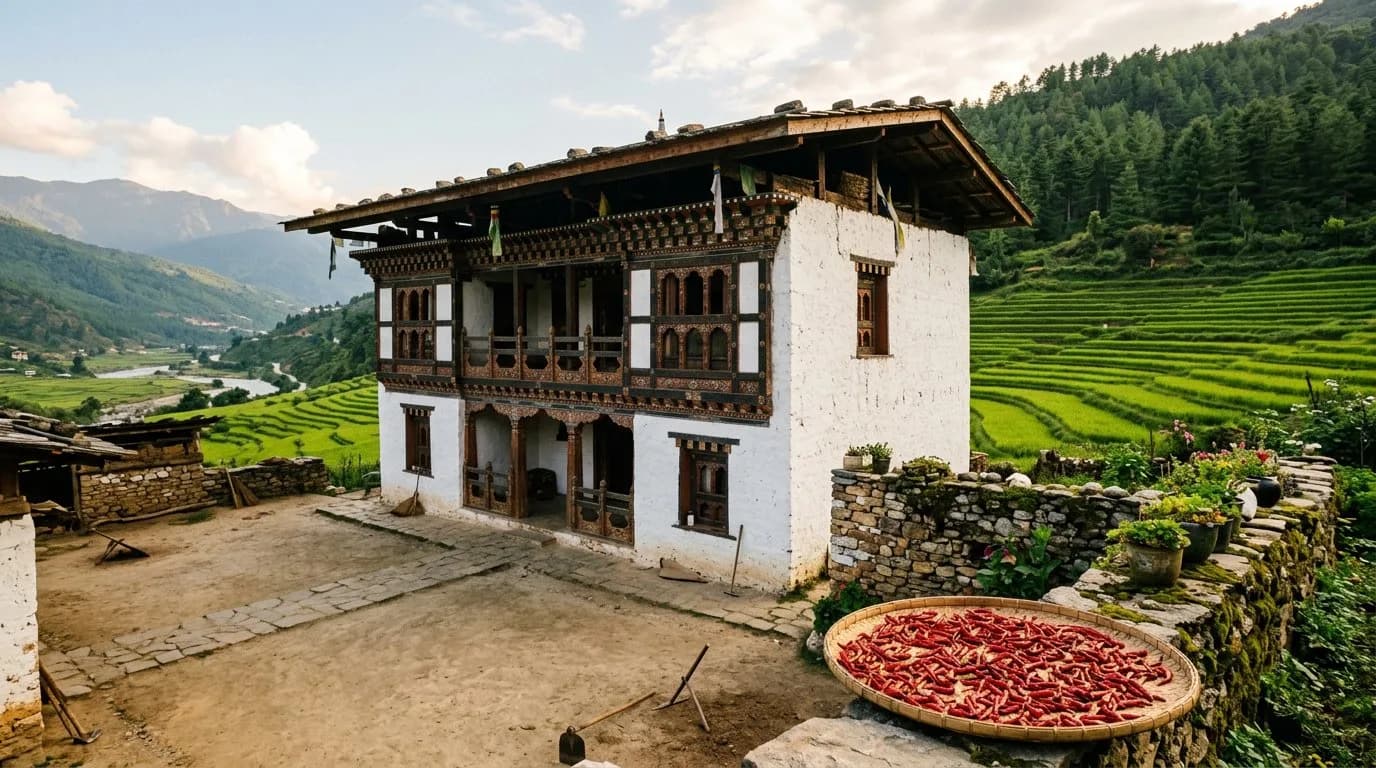 A restored farmhouse villa above green rice terraces in the Punakha valley with red chillies drying in the courtyard