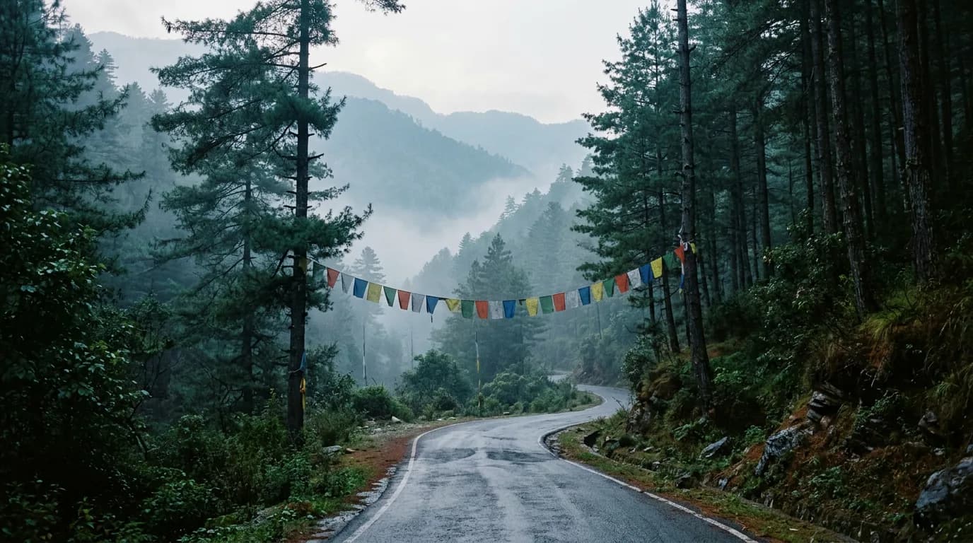 An empty mountain road through misty pine forest with prayer flags strung across the bend