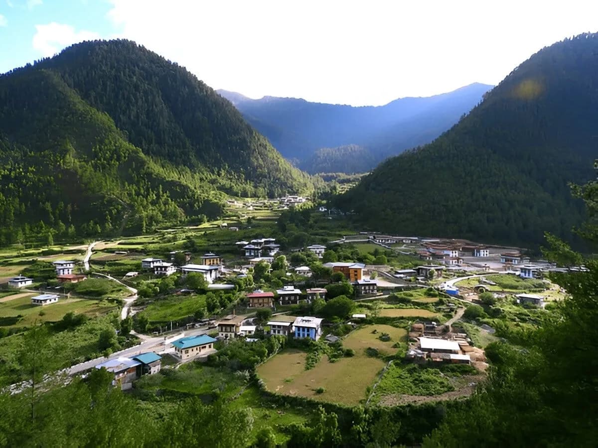 Traditional Haa valley houses below forested ridges with the dzong on the hillside