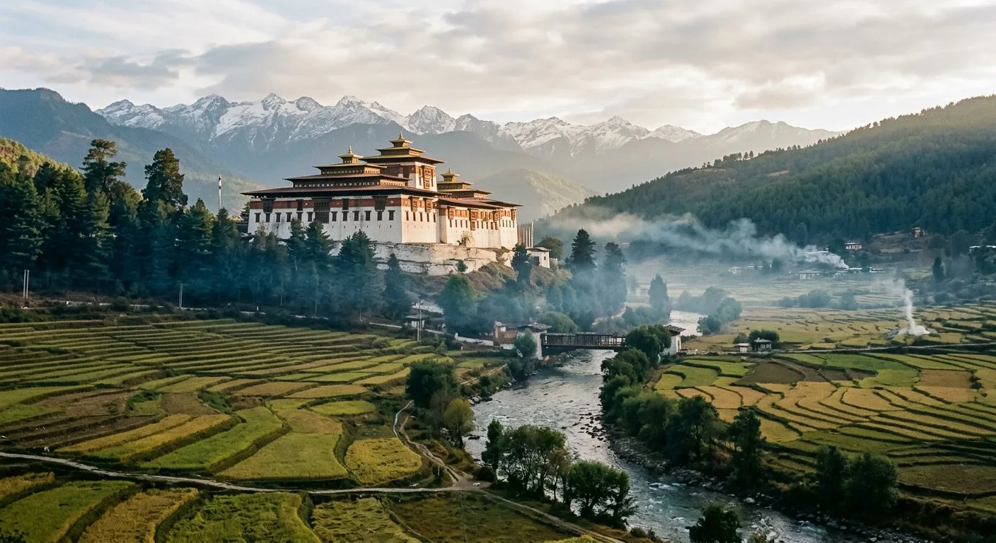 First light catching the terraced fields and rooftops of the Paro valley below forested ridges