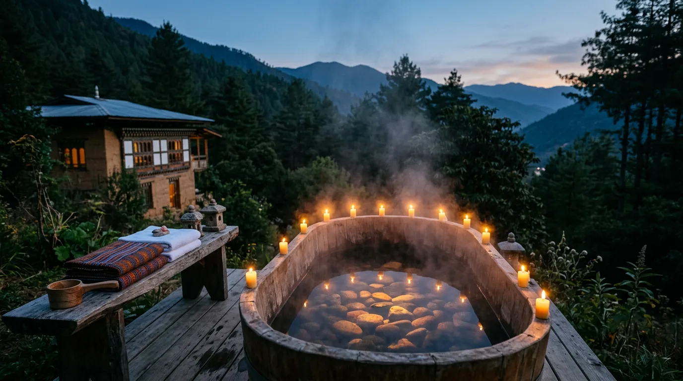 A steaming outdoor stone bath at dusk with candles set along the rim and forest beyond