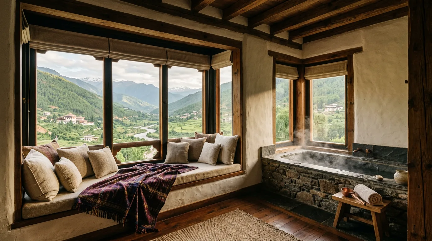 A timber and stone lodge suite in Bhutan with a deep bath set beside a window looking down the valley