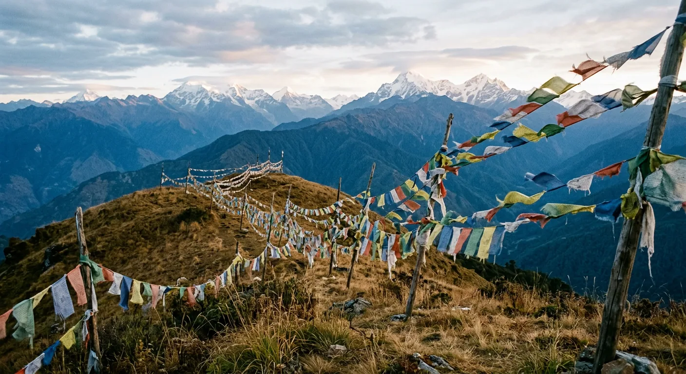 Prayer flags on a high Bhutanese ridge at sunrise with snow peaks along the horizon